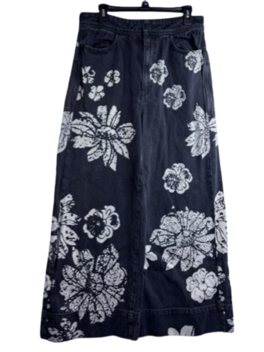 We The Free Free People Talia Wide Leg High Rise Floral Print Black Jeans Sz 32 - Picture 4 of 11